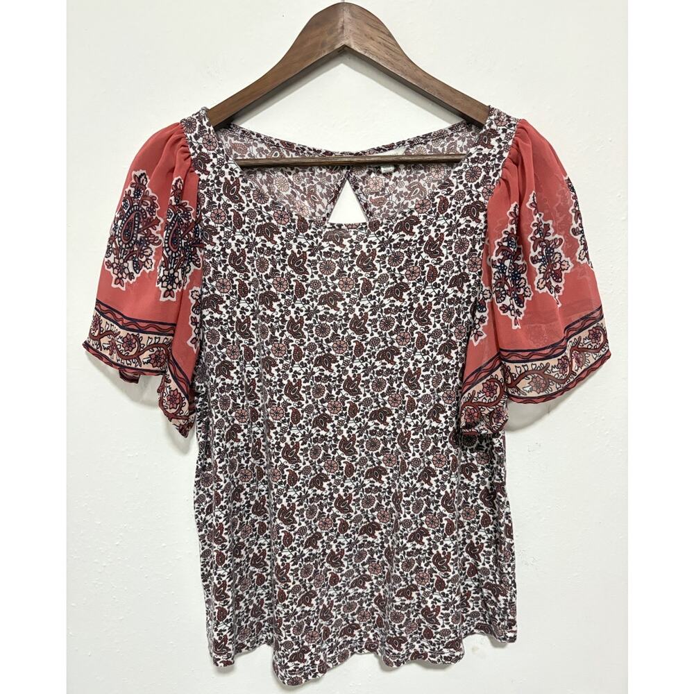 Lucky Brand Boho Paisley Floral Top Medium Coral Bell Sleeve Keyhole Back